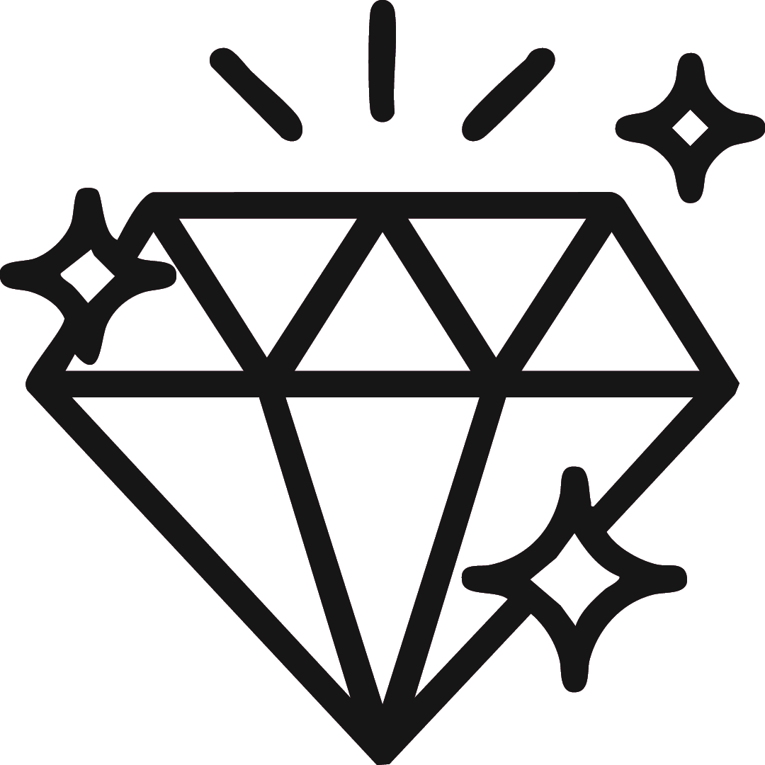 A black line art icon of a sparkling diamond with three stars, isolated on a white background.