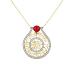 A gold and white gold teardrop pendant necklace featuring intricate Arabic calligraphy, a central red bead, and a halo of small clear stones, shown on a plain white background.