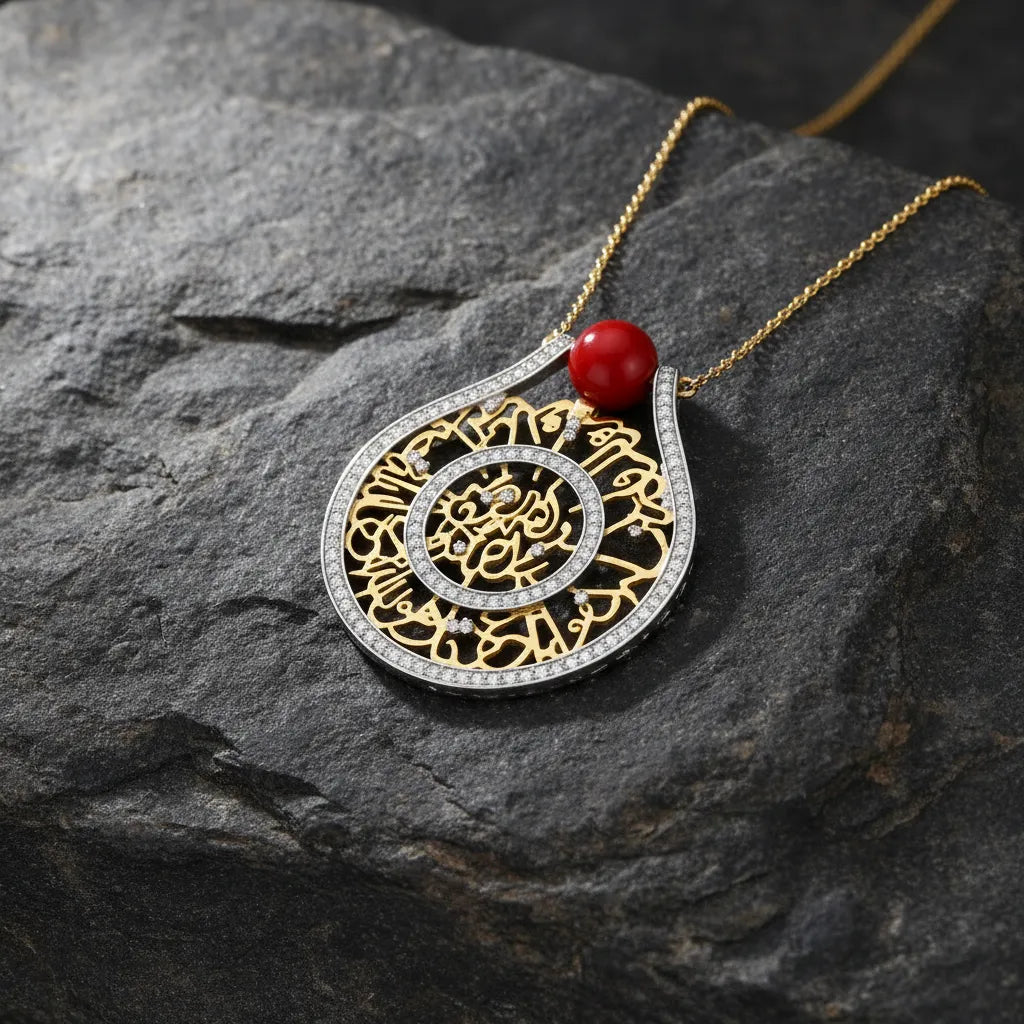 A striking gold-tone pendant featuring an intricate circular design. Its detailed finish gives the piece a luxurious and timeless appearance.