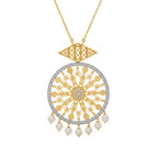 A gold pendant necklace featuring a circular filigree design with a central diamond, a diamond-studded border, and five dangling white pearl beads, shown on a plain white background.