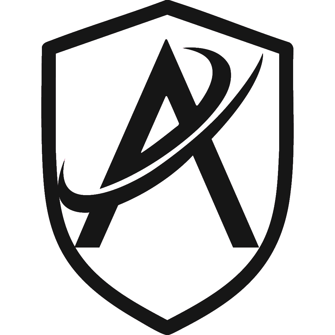 A black shield-shaped logo featuring a stylized capital letter A with a curved swoosh, centered on a plain white background.