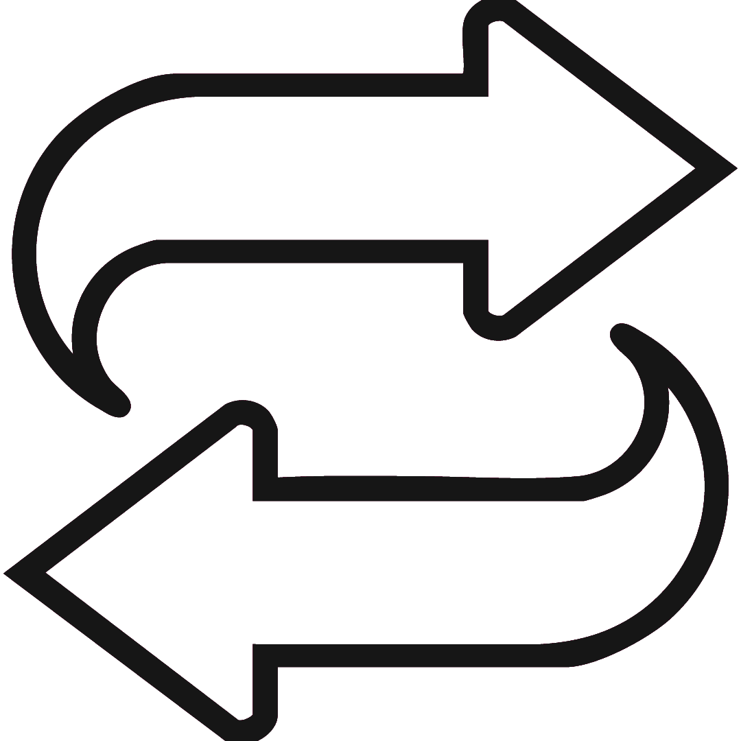 A black and white graphic showing two curved arrows, one pointing right and one pointing left, arranged in a circular flow pattern.