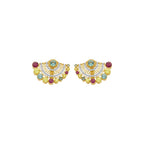 A pair of gold-toned semicircular stud earrings decorated with yellow gold, silver, light blue, and dark red gemstones on a plain white background.