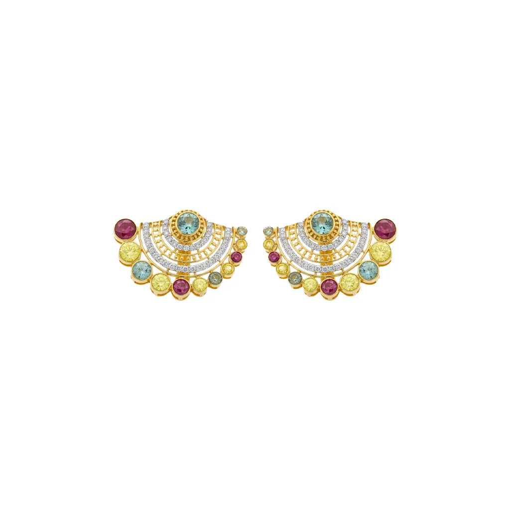 A pair of gold-toned semicircular stud earrings decorated with yellow gold, silver, light blue, and dark red gemstones on a plain white background.