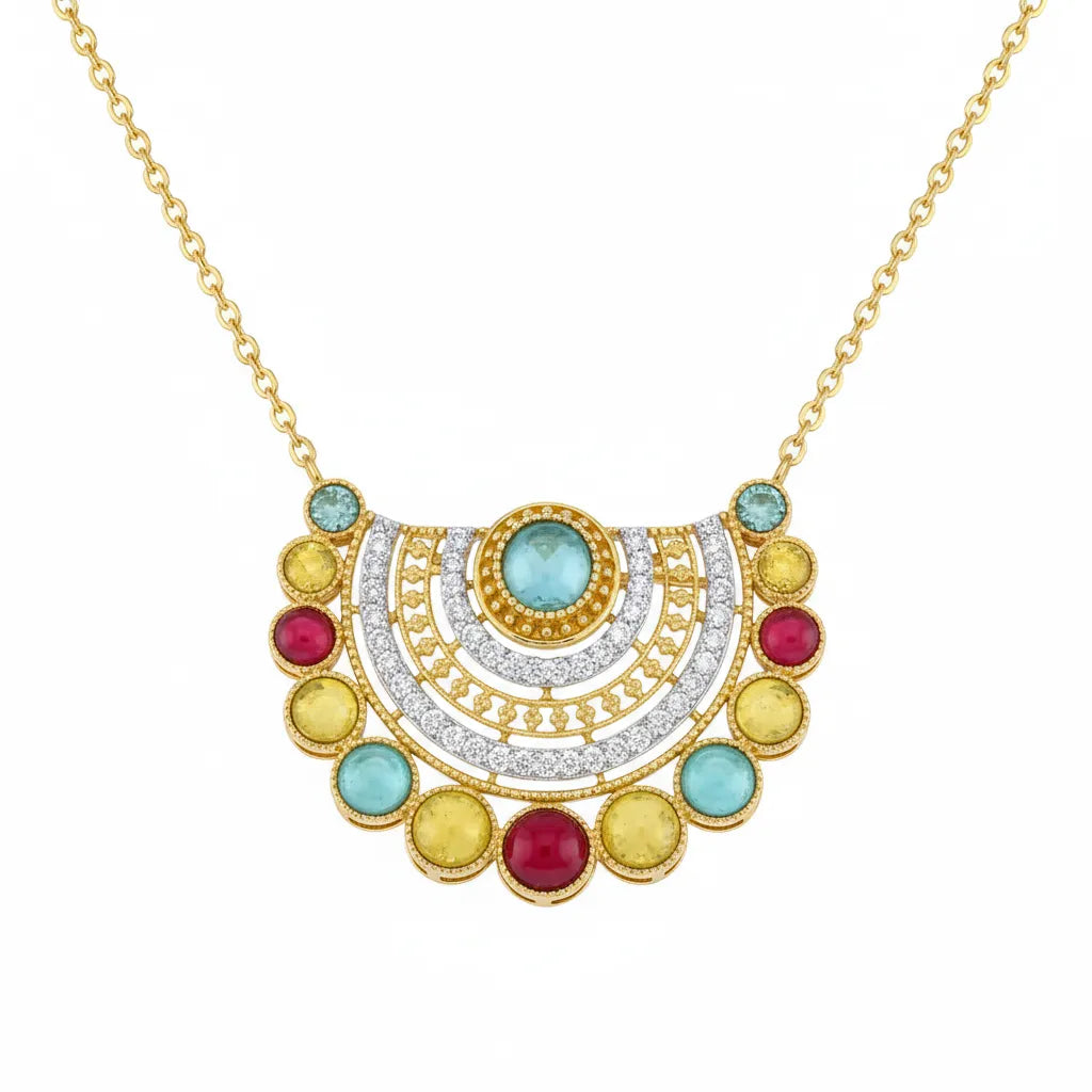 A gold necklace with a semi-circular, tiered pendant featuring a central light blue stone, surrounded by yellow, red, and clear stones, on a plain white background.