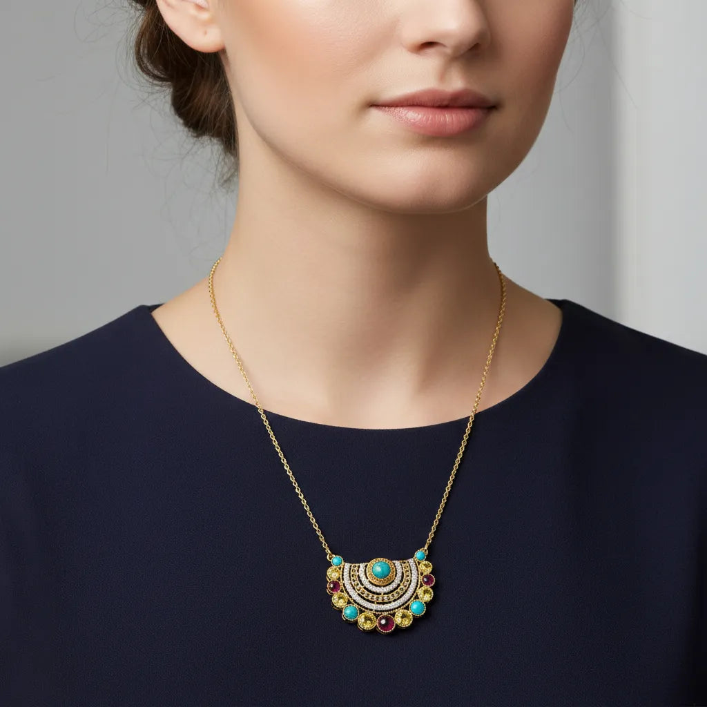 A refined gold-tone necklace featuring a delicate multi-coloured layered pendant design. Beautifully styled for a sophisticated, feminine look that works effortlessly with both everyday and occasion outfits.