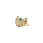 A gold crescent-shaped ring featuring a central green oval stone, surrounded by rows of small clear stones and colorful pink, blue, and yellow-green accent stones, shown on a plain white background.