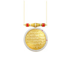 A gold pendant necklace featuring a circular disc engraved with Arabic calligraphy, bordered by pavé-set clear stones, with a gold cylindrical connector and red gemstone accents, suspended from a delicate gold chain on a white background.