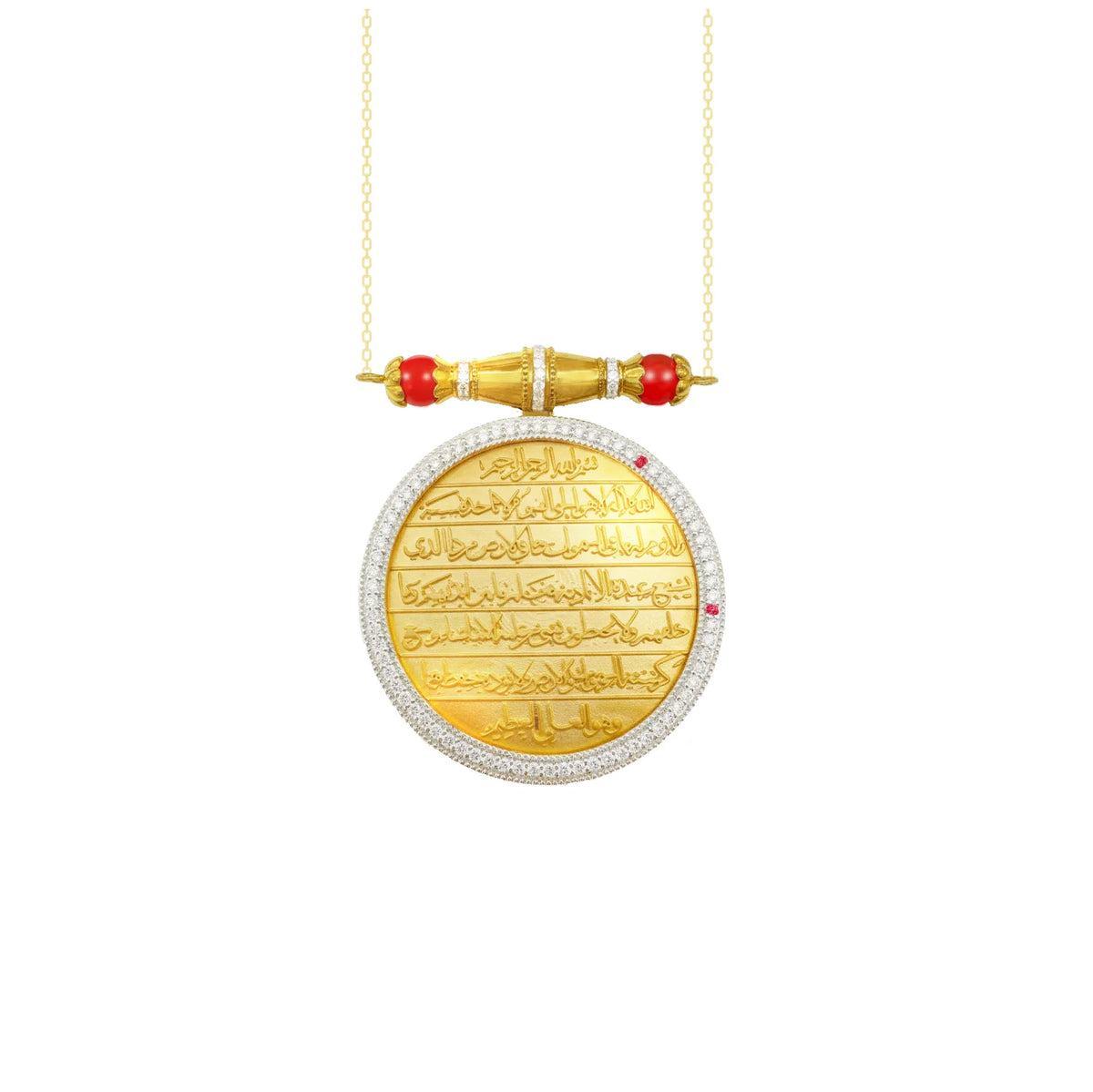 A gold pendant necklace featuring a circular disc engraved with Arabic calligraphy, bordered by pavé-set clear stones, with a gold cylindrical connector and red gemstone accents, suspended from a delicate gold chain on a white background.
