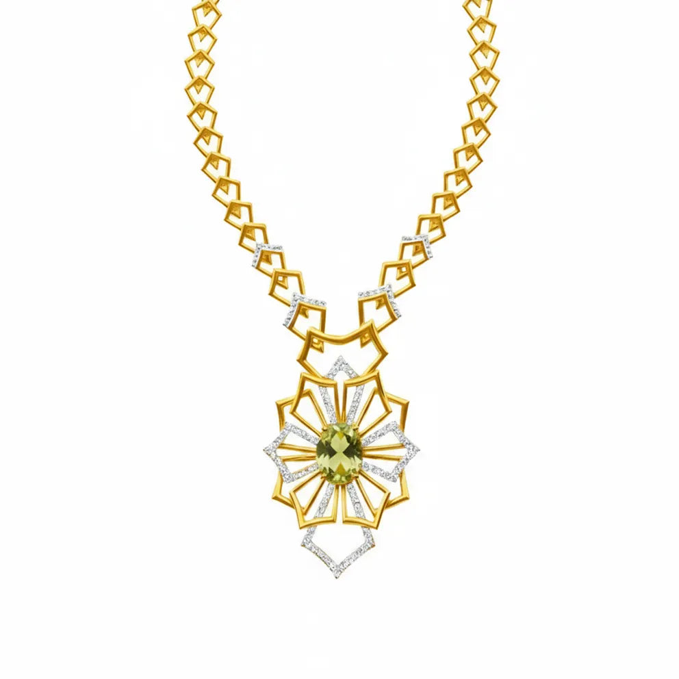 A gold and white gold geometric pendant necklace featuring a central light green gemstone and clear accent stones, displayed on a clean white background.