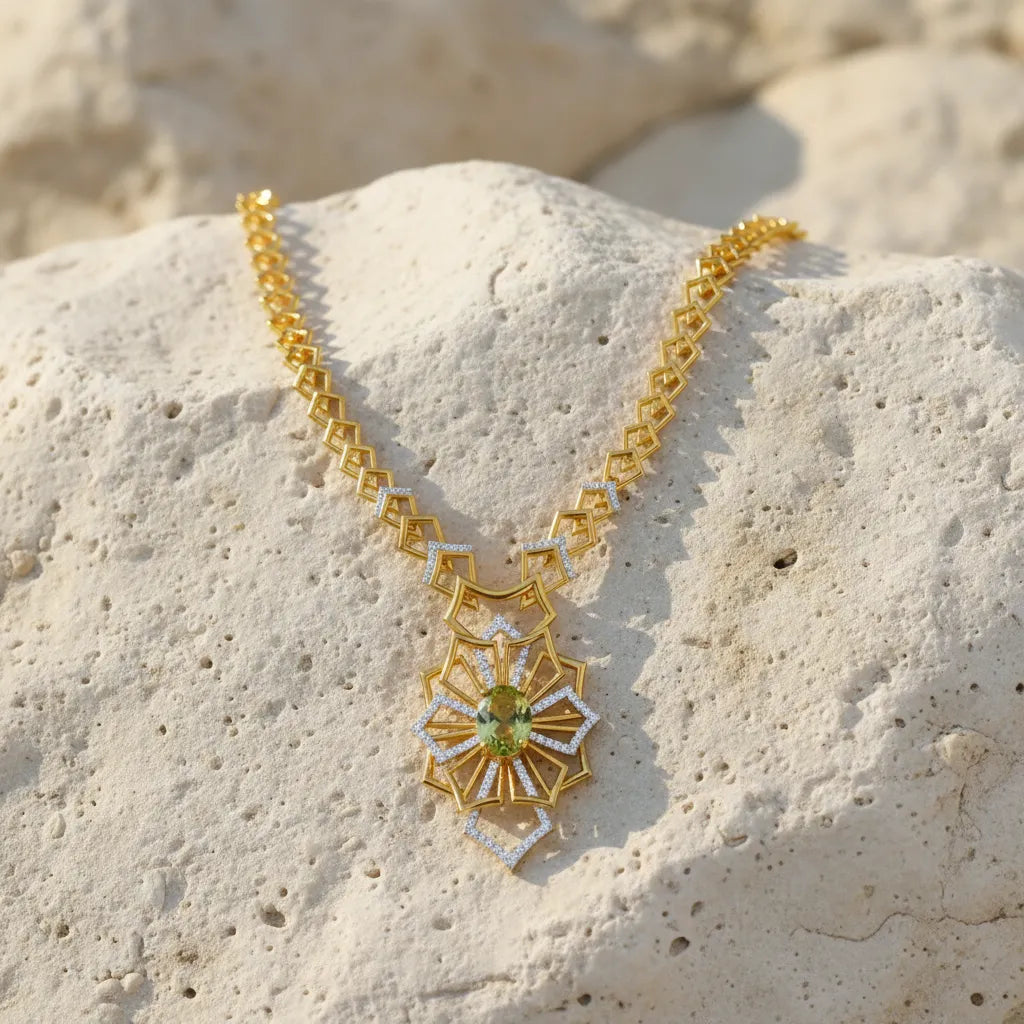 A sophisticated gold-tone necklace with a graceful design and delicate pendant detail. A timeless piece that beautifully complements both casual and formal styling.