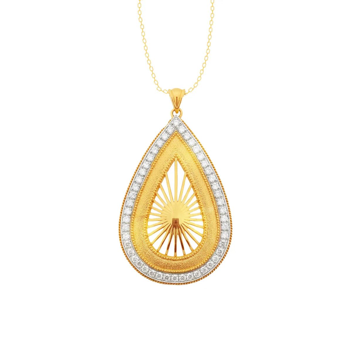 A graceful teardrop-shaped pendant suspended from a delicate chain. Designed for a sophisticated and feminine look, perfect for adding a touch of elegance to any outfit.