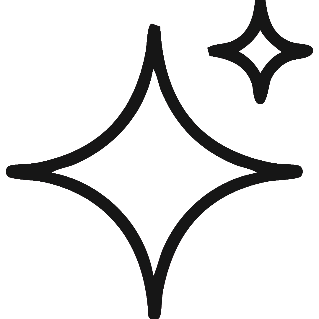 Black line art illustration of two sparkles on a solid white background.